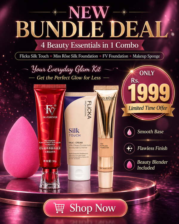 Flicka Silk Touch Milk Cream + FV-Forever Foundation Bundle + Miss Rose Flowless Foundation – 4 Beauty Products in 1 Combo (Only 1999 PKR)