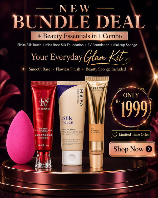 Flicka Silk Touch Milk Cream + FV-Forever Foundation Bundle + Miss Rose Flowless Foundation – 4 Beauty Products in 1 Combo (Only 1999 PKR)